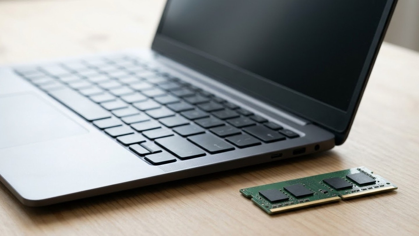 An open laptop on a wooden desk beside a loose laptop memory module.