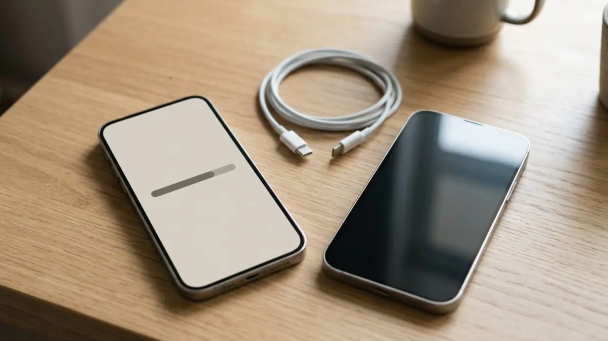 Two smartphones side by side on a desk with a charging cable, one showing a progress bar on screen.