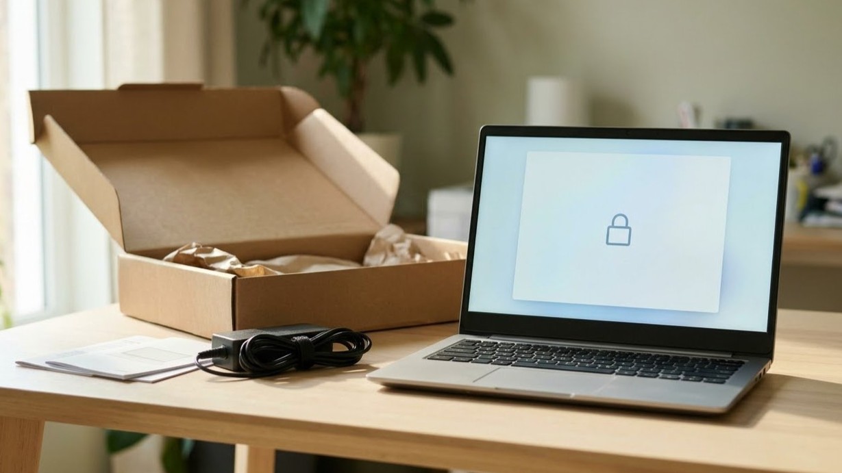 An open refurbished laptop on a desk beside its shipping box, showing a setup screen with a padlock icon.
