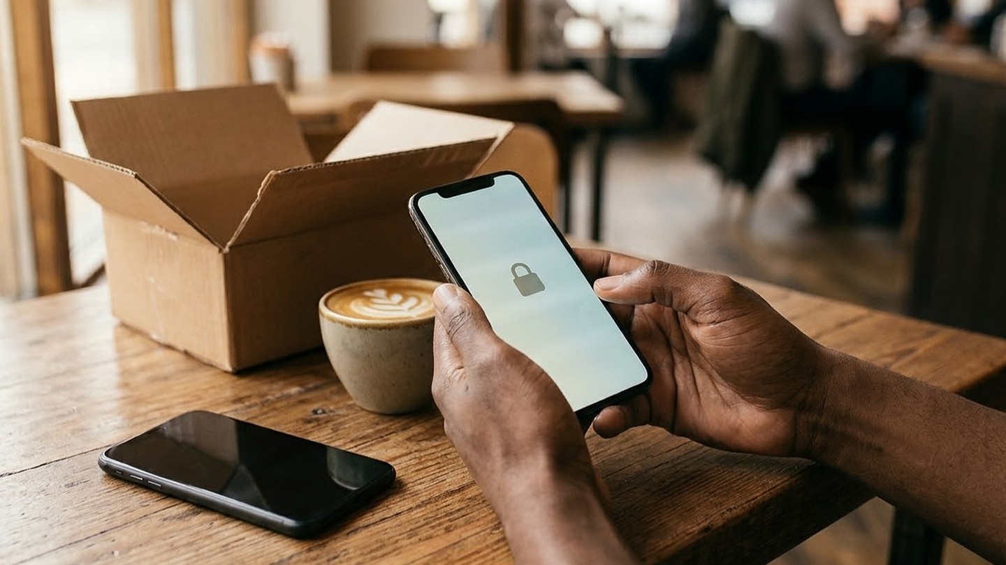 Hands holding a smartphone with a padlock on its setup screen, next to an open shipping box, a coffee and a second phone on a café table.