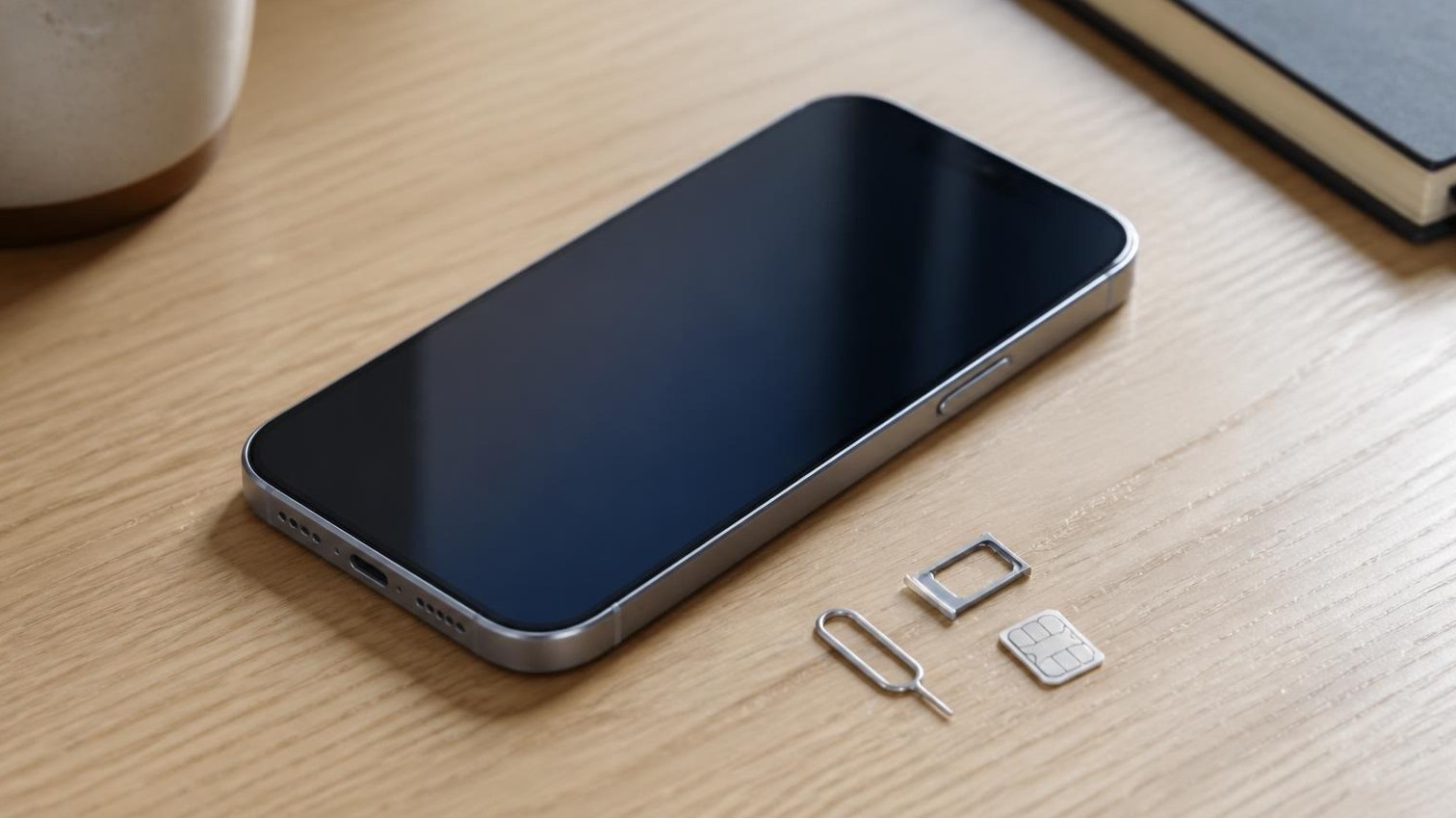 A smartphone lying face up on a desk next to a SIM tray, an ejector pin and a removed SIM card.