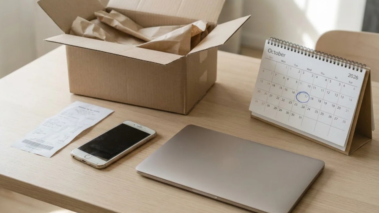 An open shipping box, a receipt, a smartphone and a closed laptop on a wooden desk, next to a desk calendar with one date circled.