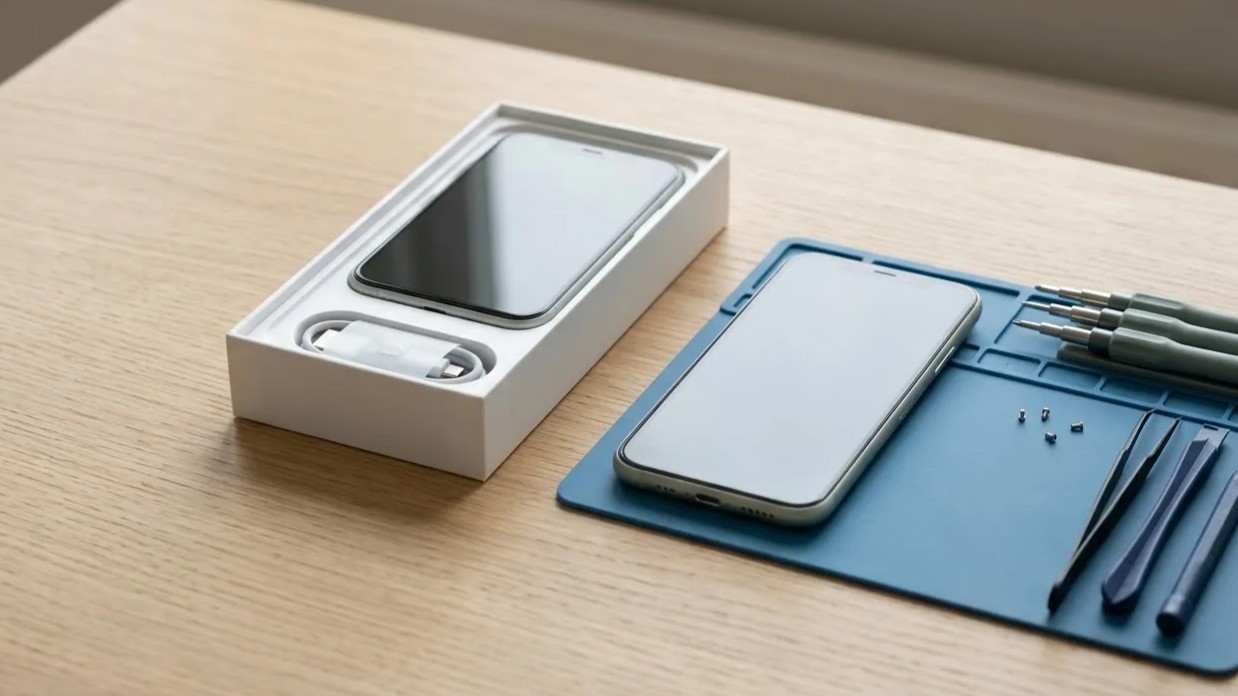 Two smartphones on a table: one in a plain new box, the other on a repair mat beside small repair tools.