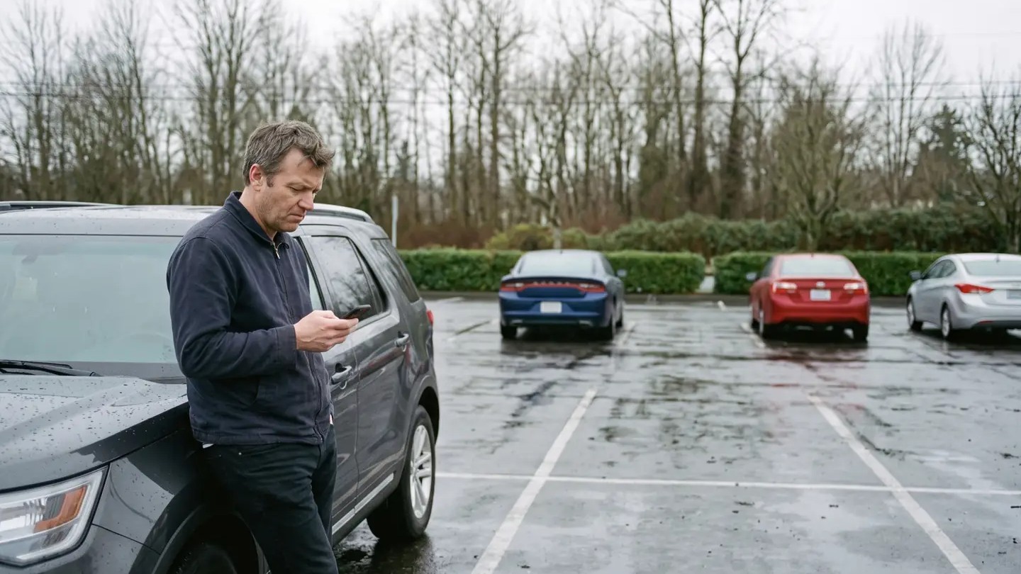 A man beside his car looks at his phone, searching for a contact that is not there