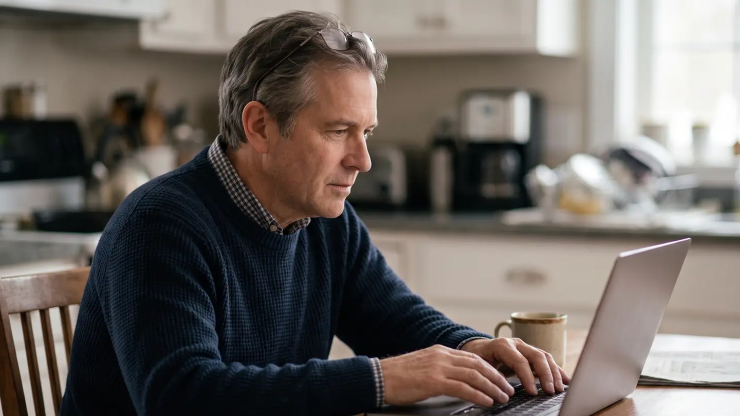 A man in a navy sweater types on a silver laptop at a kitchen table, a mug of coffee beside him.
